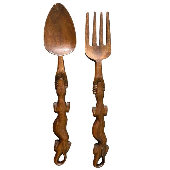 Vintage Polynesian Large wooden Spoon And Fork Wall Art - Picture 1 of 9